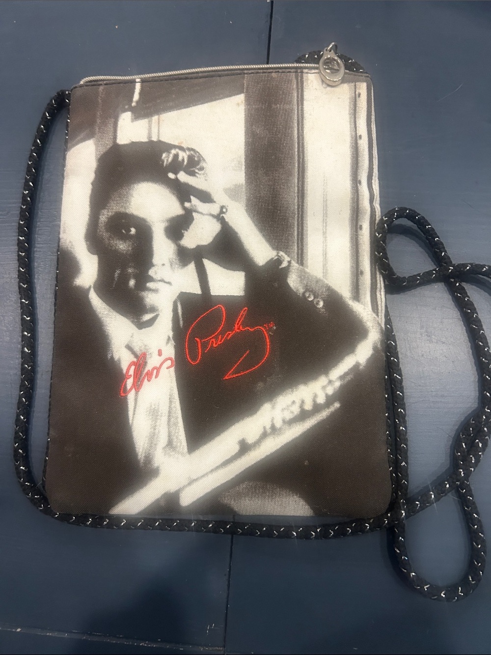 Black & White Graphic Crossbody Bag with Red Accent. Elvis Presley